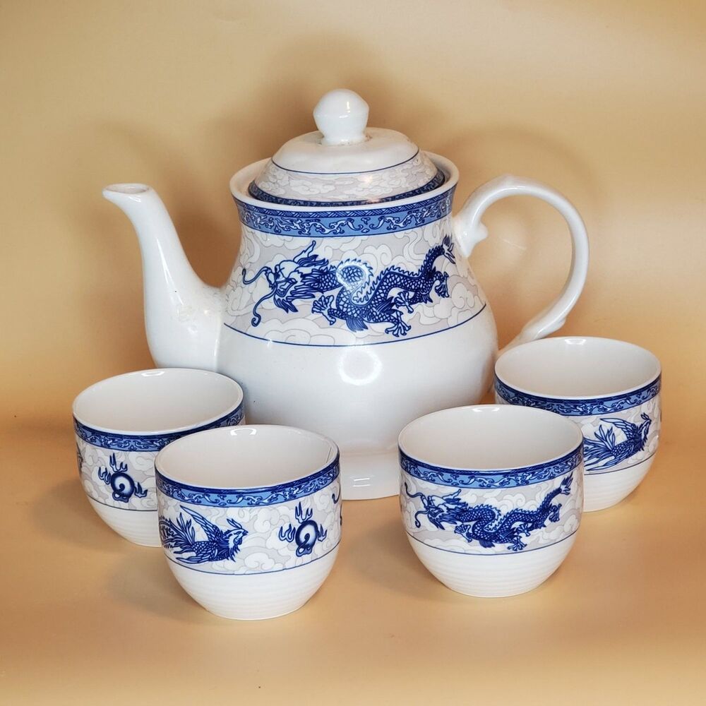 Dachu 802740 Tea Set 4" Teapot Blue And Porcelain White